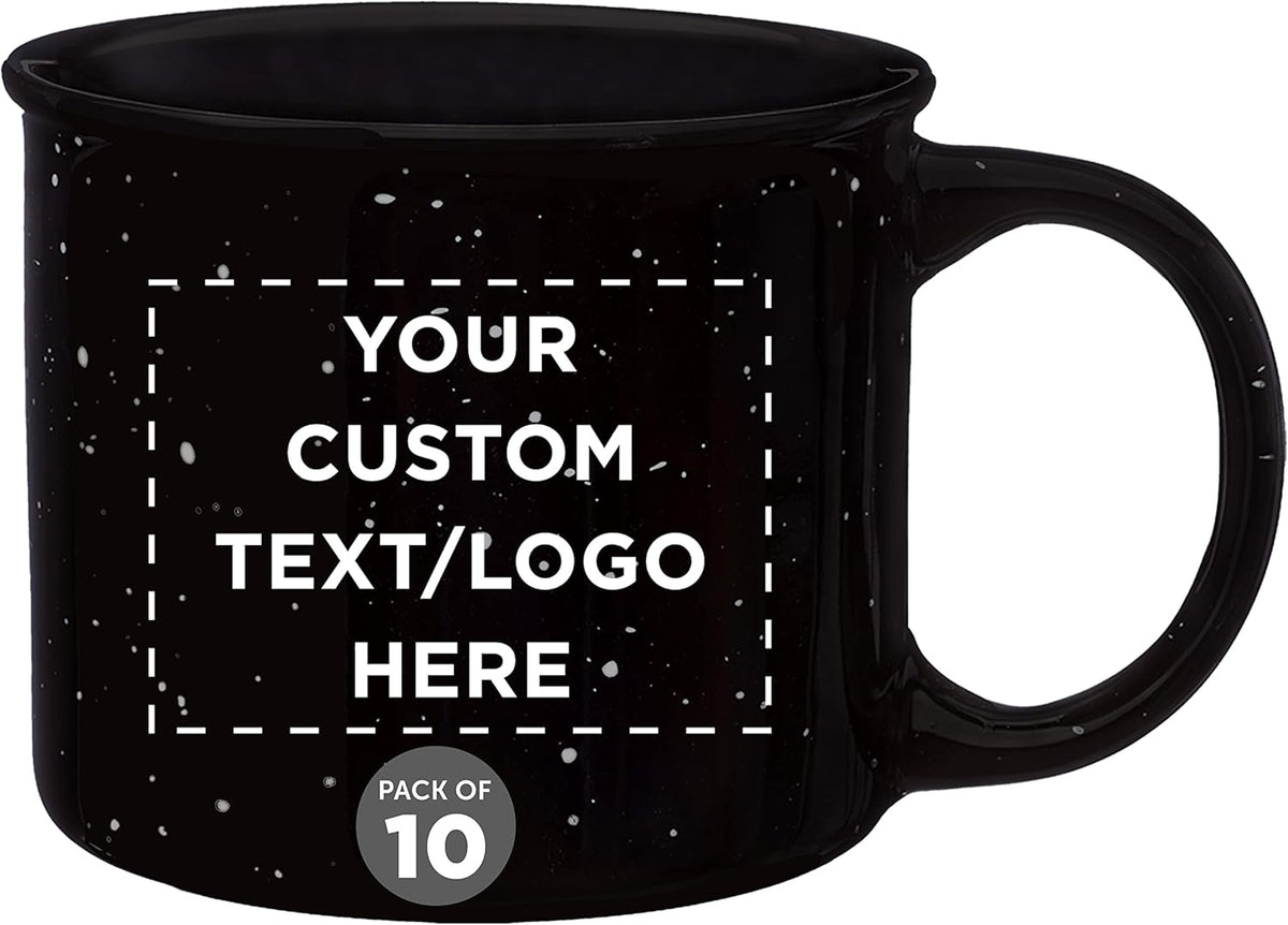 DISCOUNT PROMOS Custom Ceramic Campfire Coffee Mugs 13 oz. Set of 10, Personalized Bulk Pack - Perfect for Tea, Espresso, Cappuccino, Hot Cocoa - Black