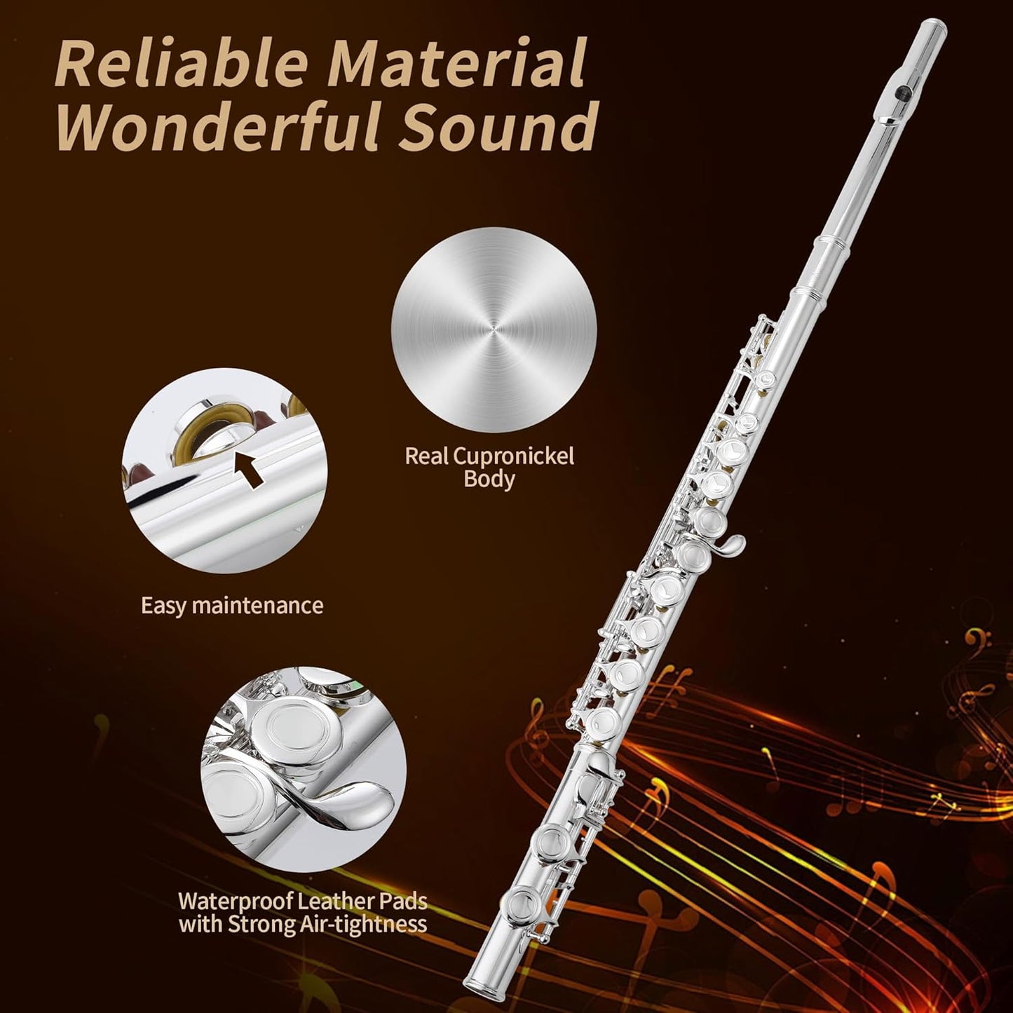 C Flute Closed Hole 16 Key for Beginner Student Silver Flute with Carrying Case Stand Gloves Cleaning Cloth for School Band Instruments