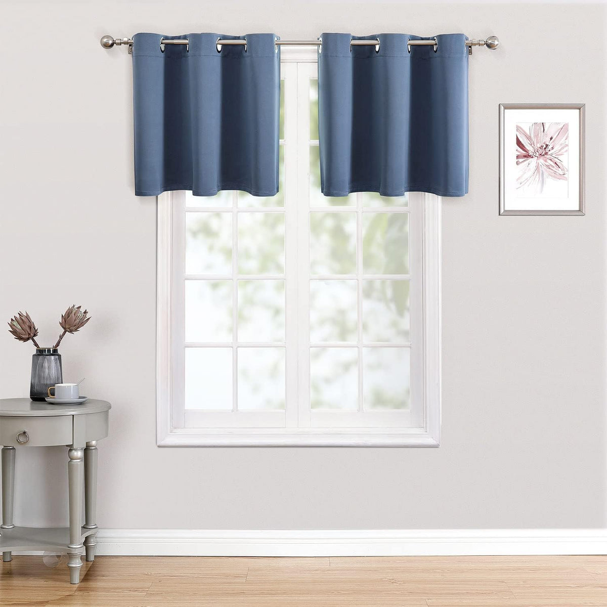ChrisDowa Small Kitchen Valances for Windows - Grommet Short Thermal Insulated Room Darkening Window Valances Curtains for Living Room (2 Panels, Stone Blue, 42 x 18 Inch)