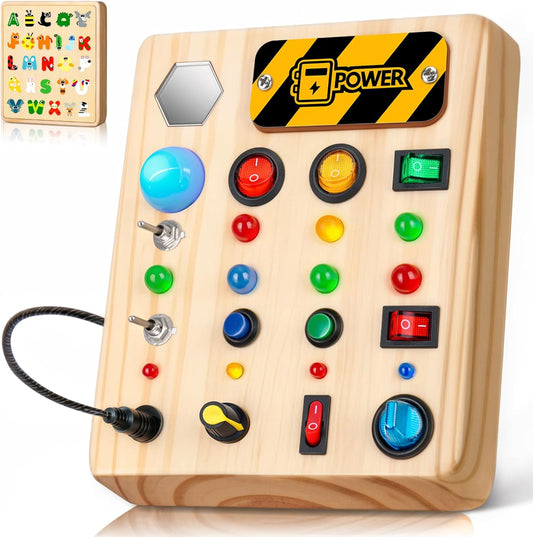 LED Busy Board, Wooden Sensory Toys for Toddler, Montessori Music Toy for Airplane, Travel Activity Educational Learning Toy, Busy Light Switch Autism Toys, Birthday Boys Girls Gifts