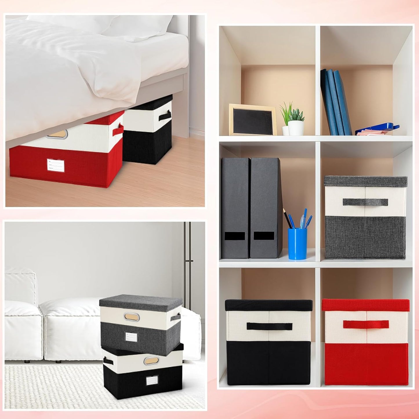Large Linen Fabric Foldable Storage Bins with Removable Lid and Handles, Washable Storage Box Organizer Containers Baskets Cube with Cover for Bedroom,Closet,Office,Nursery(Black&White, Large)