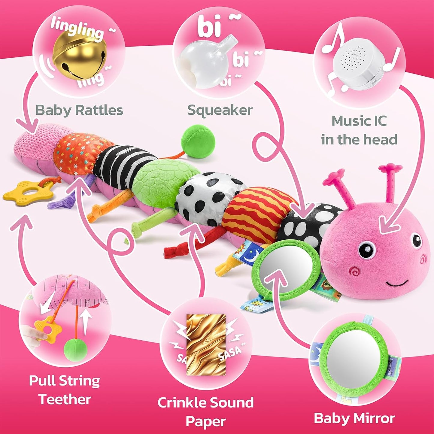 HEMRLY Baby Girl Toys for 0-6 Months, Musical Plush Caterpillar Infant Sensory Toy with Baby Mirror&Crinkle Rattle,Pull String,Teething, Tummy Time Newborn Gifts for 0-3-6-12 Boys Girls - Pink Branch