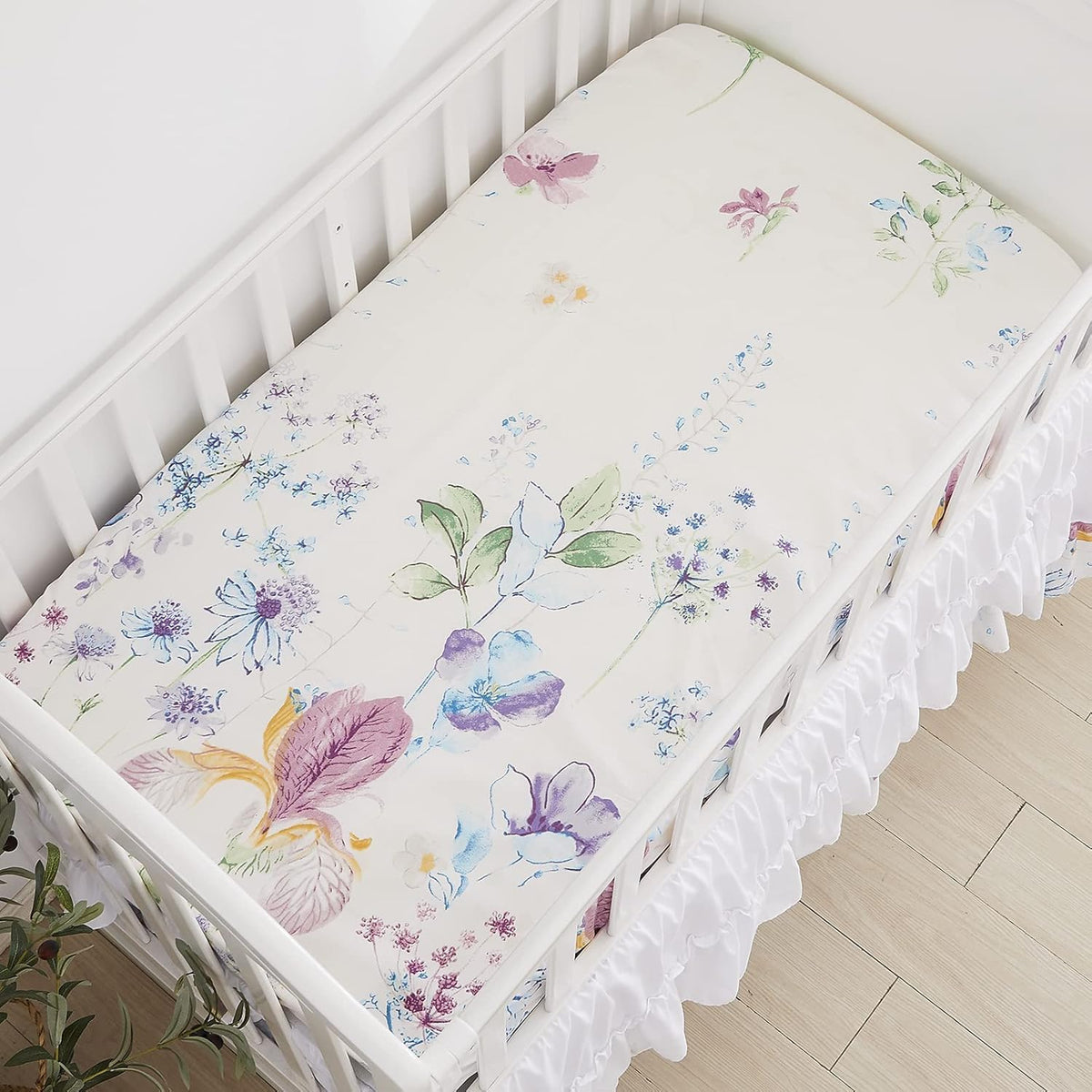 Brandream Gilrs Floral Bedding Boho Baby Bedding Watercolor Farmhouse Nursery Crib Blanket Set 3 Piece, Fitted Sheet, Skirt