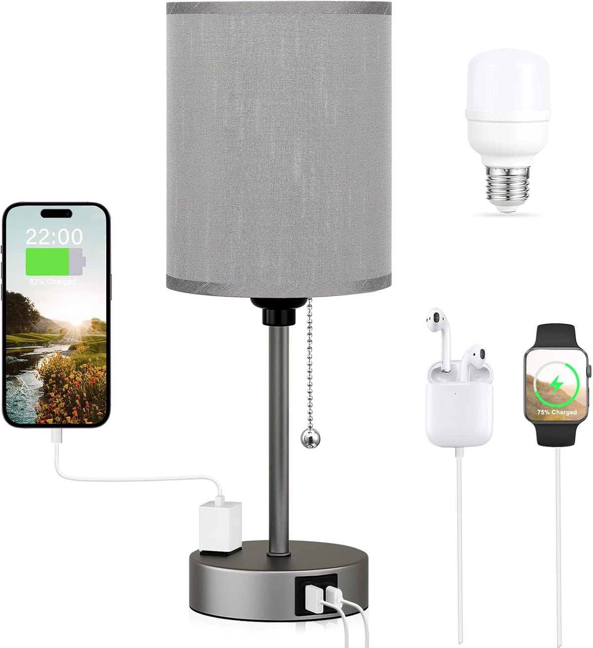 Small Bedside Table lamp for Bedroom - 3 Color Temperatures Bedside Lamps with USB Ports for Housewarming, Pull Chain Table Lamps with AC Outlet, Nightstand Lamps for Kids Reading