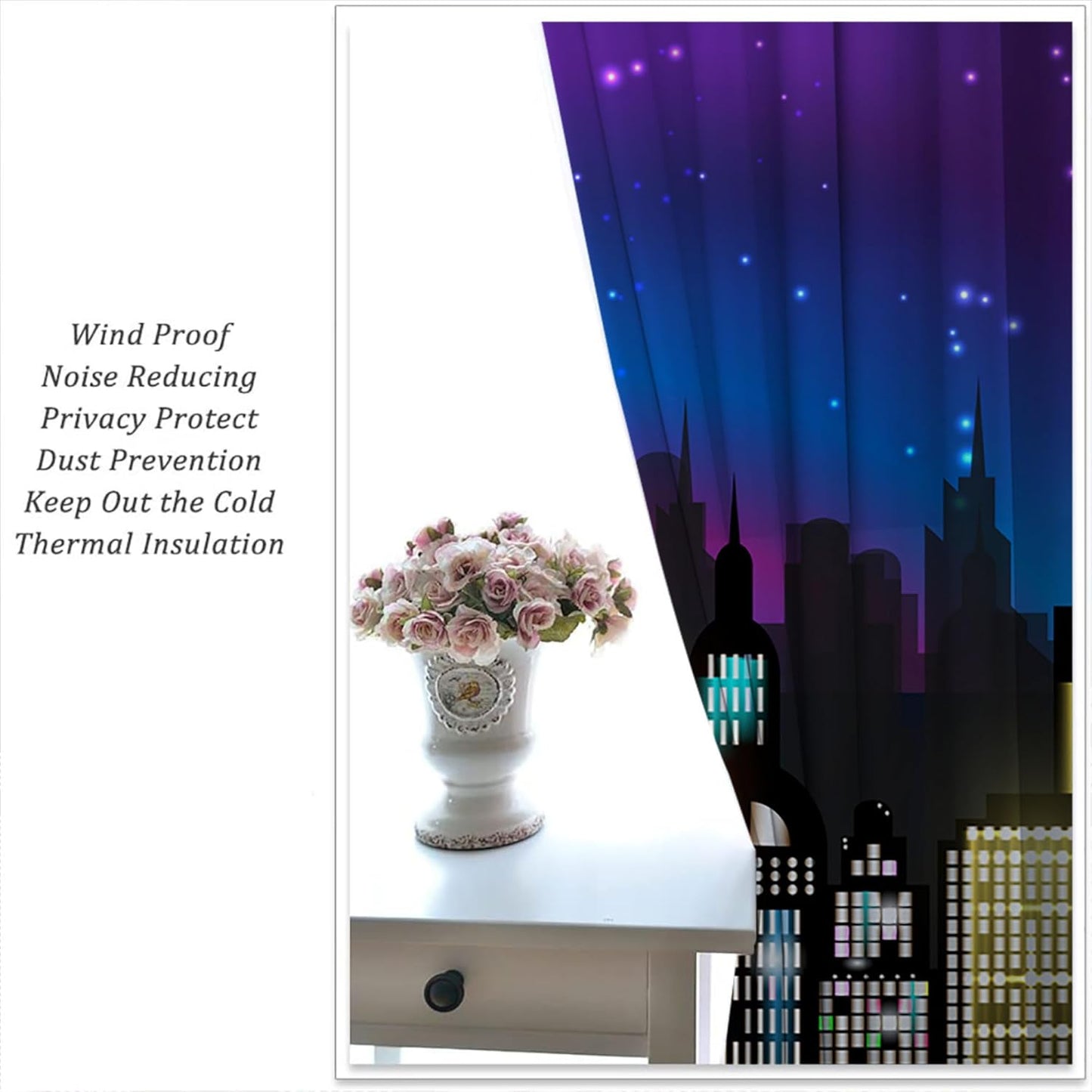 Superhero Rod Pocket Blackout Curtains for Boy Girl Bedroom, Super City Skyline Buildings Night Panorama Thermal Insulated Home Window Drapes for Living Room Darkening, 42x45 inch