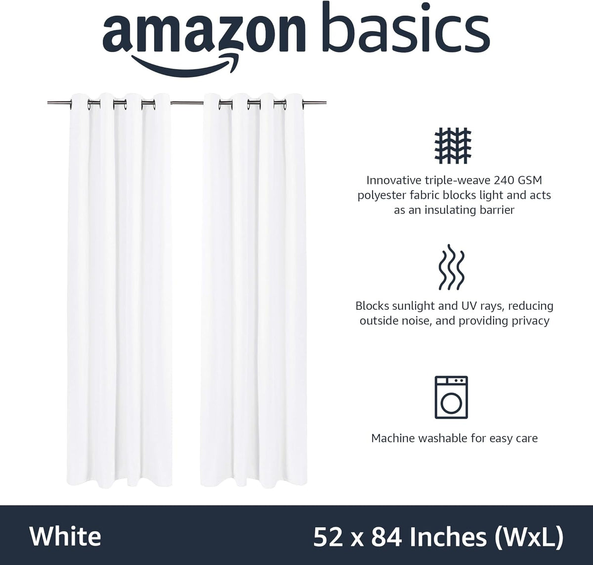 Amazon Basics Room Darkening Blackout Window Curtains 2 Panels with Grommets, for Living Room and Bedroom, 52 x 84 inches, White