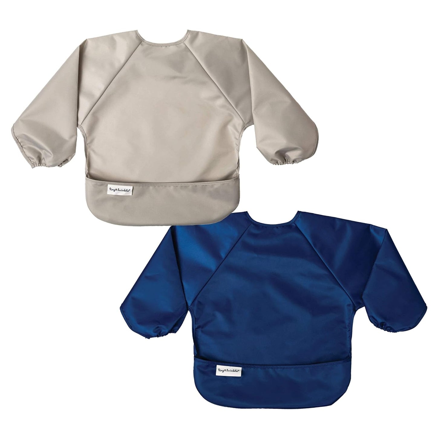 Tiny Twinkle Mess Proof Baby Bibs, 2pk Waterproof Smock Baby Bibs for Eating, Machine Washable Long Sleeve Bibs, Baby Led Weaning, Toddler Bibs, BLW Supplies (Grey Indigo, Small 6-24 Months)