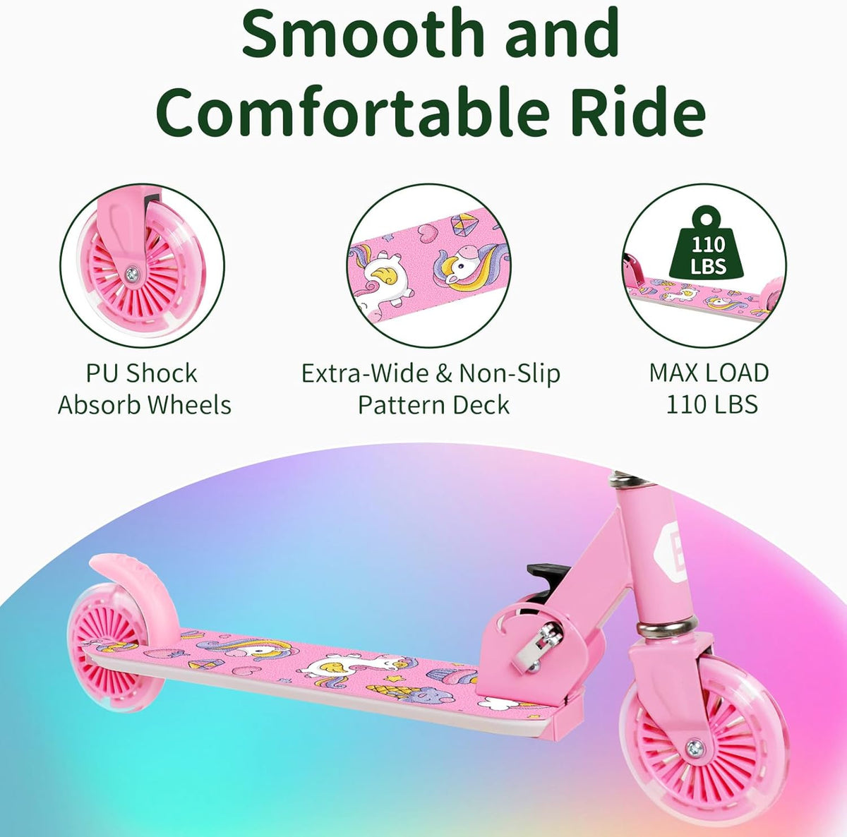 BELEEV V2 Scooters for Kids with Light-Up Wheels & Stem & Deck, 2 Wheel Folding Scooter for Girls Boys, 3 Adjustable Height, Non-Slip Pattern Deck, Lightweight Kick Scooter for Children Ages 3-12