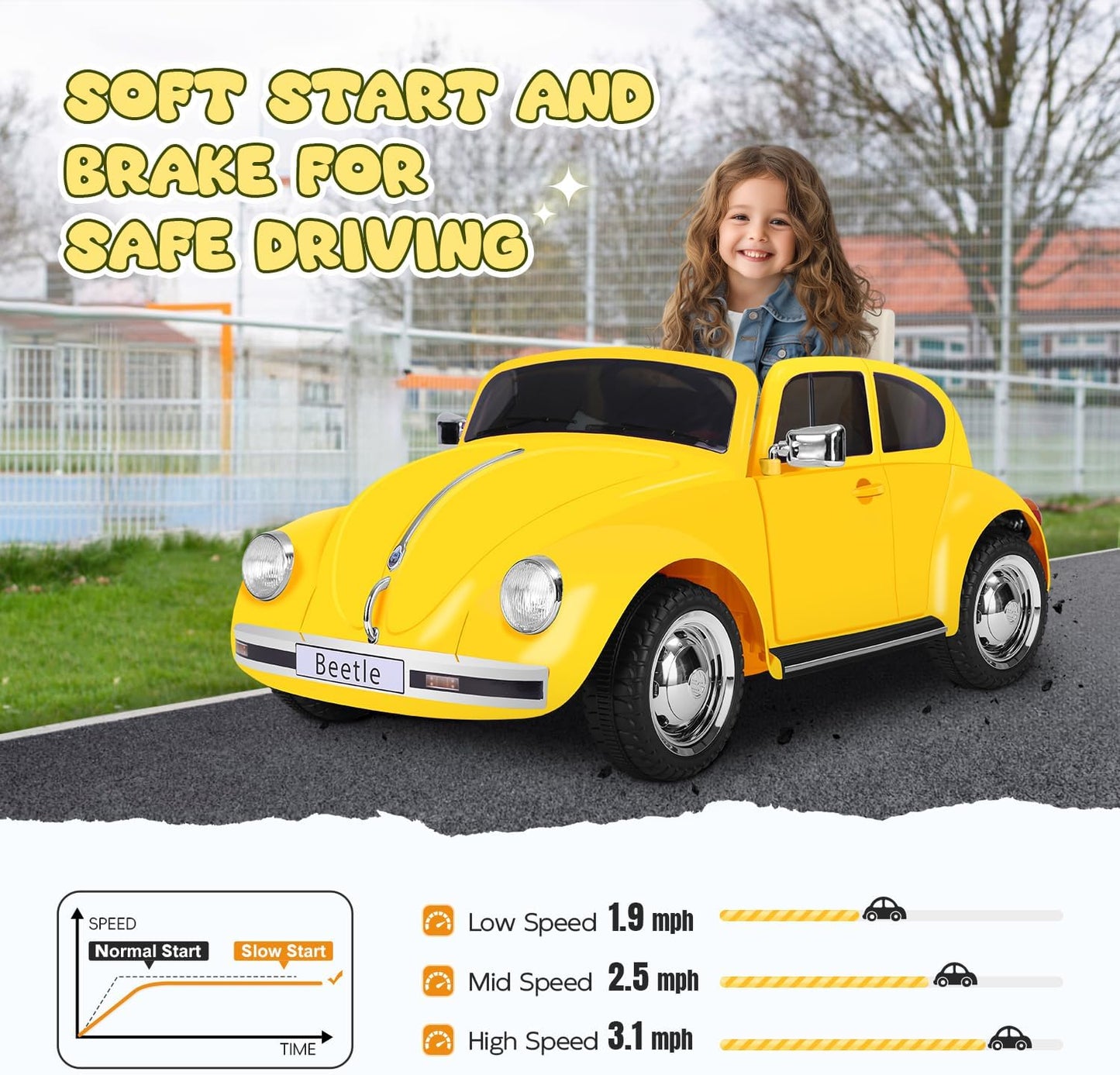 12V Kids Electric Car, Power Wheels with Remote Control, Ride on Car Toys with LED Light, 3 Speeds, Music, Yellow