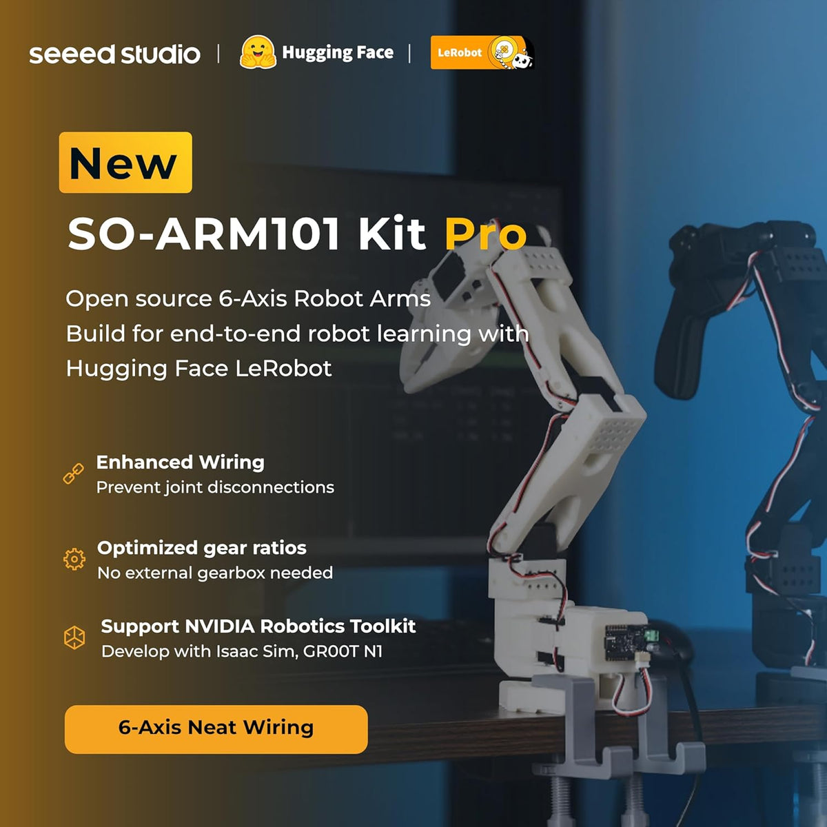 AI Robotic Arm Kit with Servo Motors – LeRobot SO-ARM101 Pro Low-Cost (Without 3D Printed Parts) | 6-DOF, Open-Source, Compatible with NVIDIA Jetson
