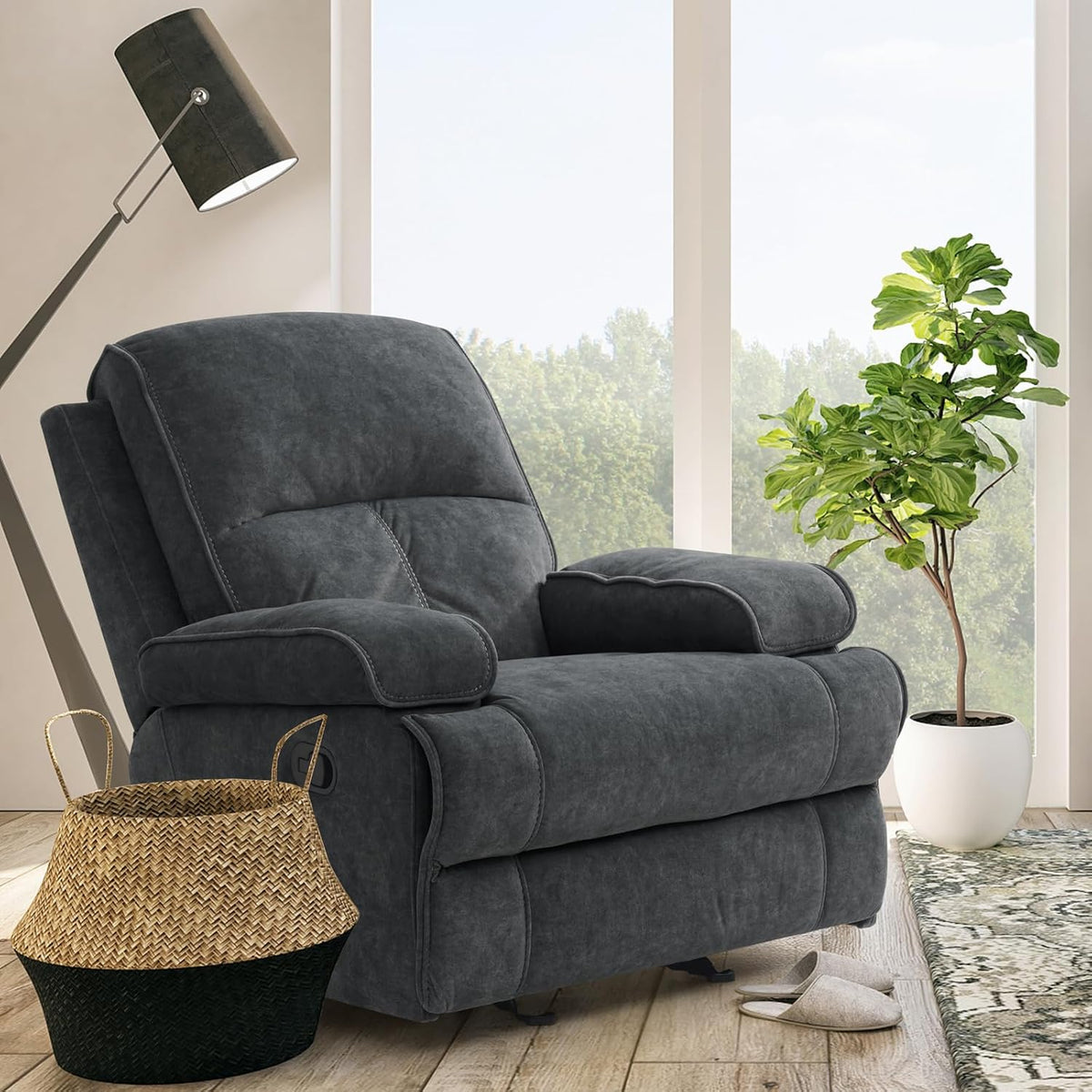 Nursery Glider Recliner Rocking Chair with Extra Large Footrest,Velvet Upholstered Nursing Chair for Breastfeeding for Living Room, Bedroom, Nursing Room (Style A, Dark Grey)