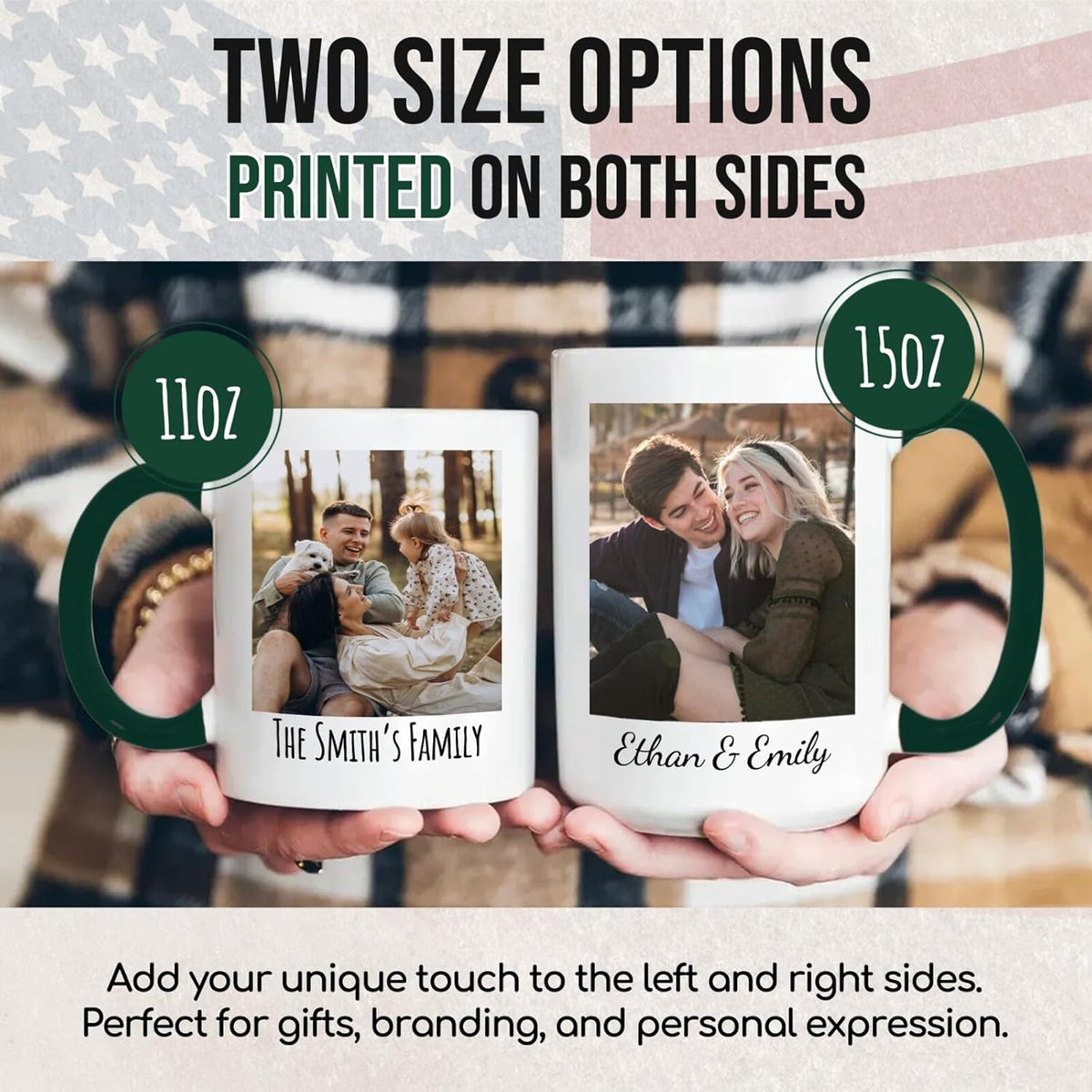 Ship Next Day Custom Mug Design Your Own Photo Text Personalized Picture Gifts for Women Men Customized Gifts Idea Personalized Coffee Mugs 15oz Dark Green Handle