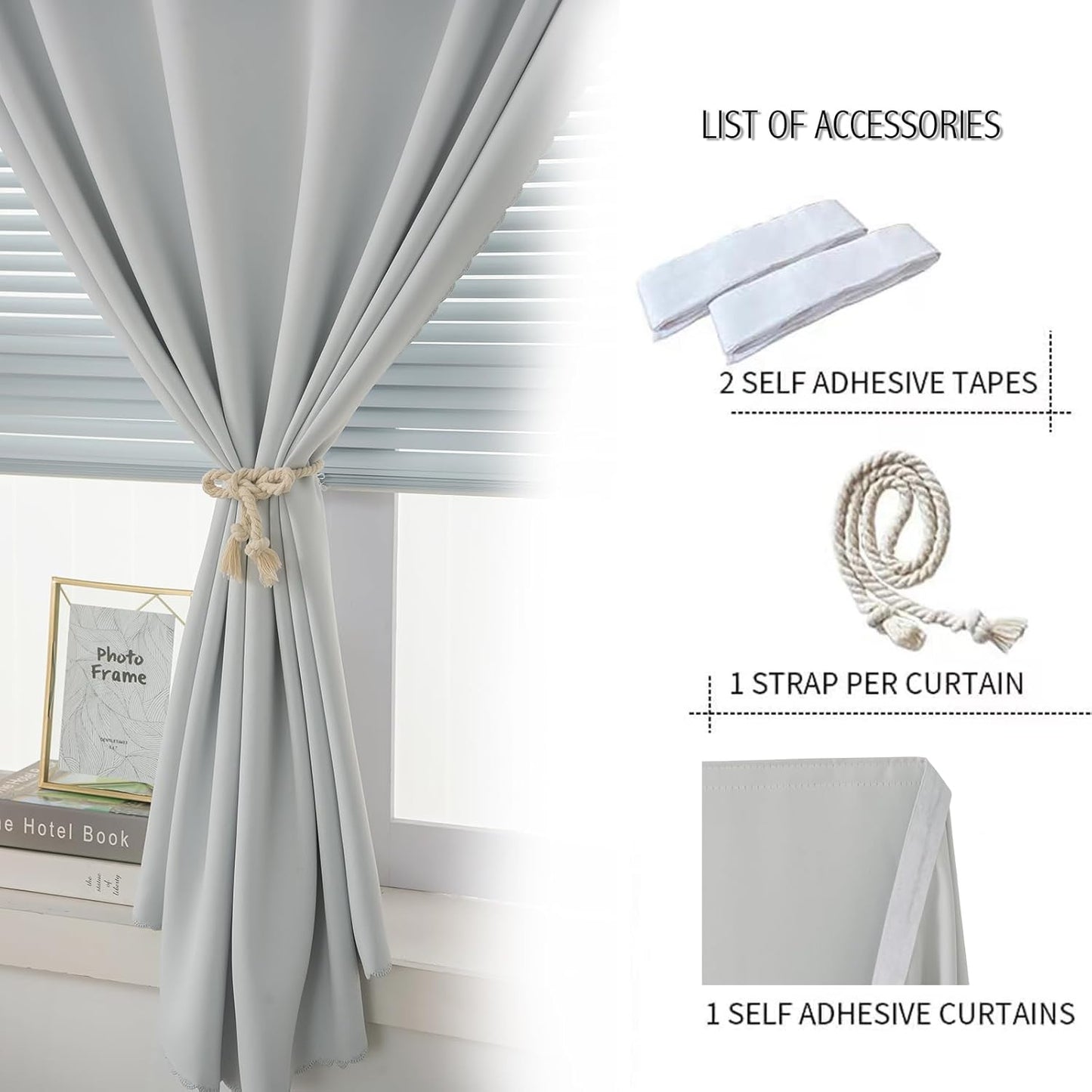 self Adhesive Curtains Portable Blackout Curtain Simple and Easy to Install Bedroom Window Thermal Lnsulated Kitchen Room Darkening Black Small Drapes, 47" W X 79" L, White, 1 Panel
