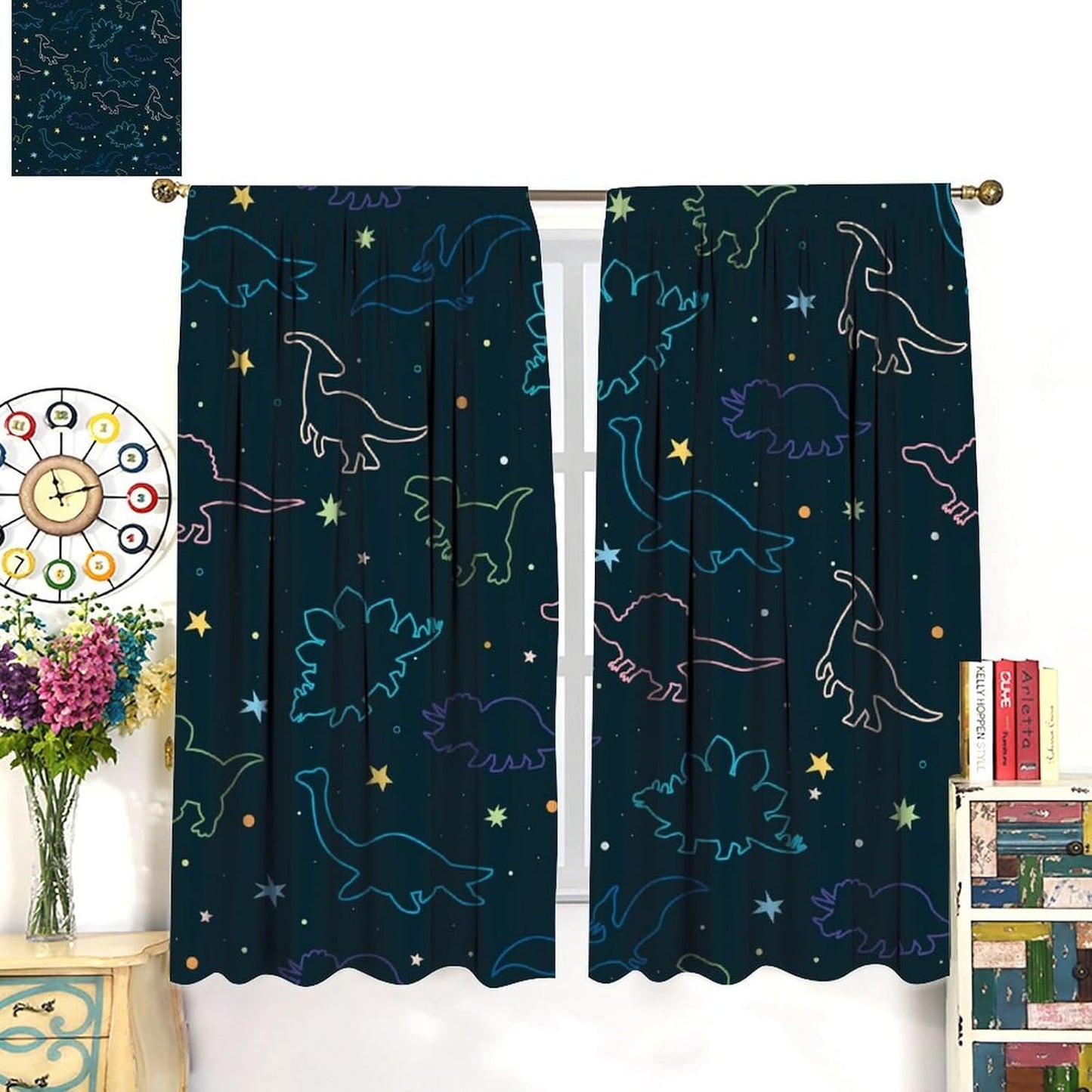 Cartoon Colorful Dinosaur Curtains for Kids Boys Girls Home Decor, Astronaut Funny Outer Space Star Blackout Rod Pocket Window Drapes for Bedroom Living Room W36xL63in 2 Panels