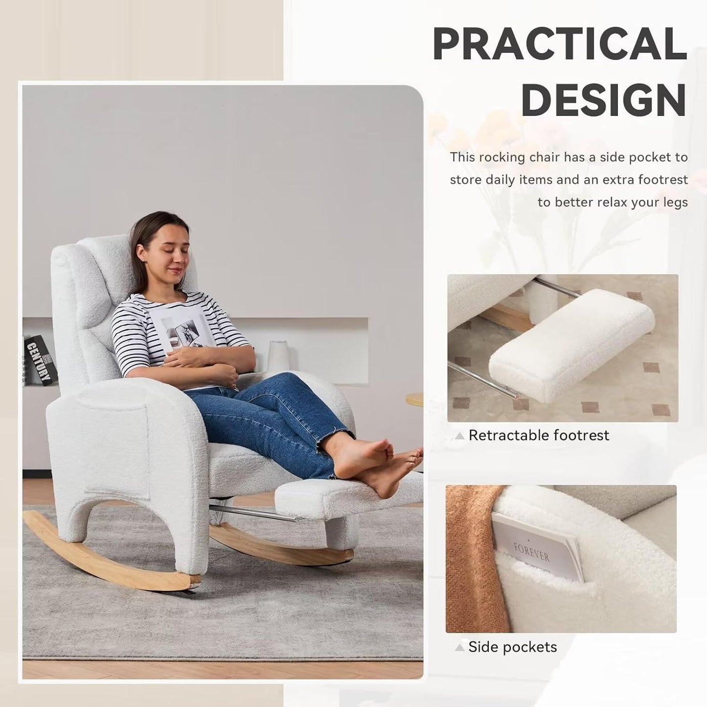 Rocking Chair Nursery, Modern Glider Chair with Adjustable Footrest and Solid Wood Legs, High Backrest Nursery Chair with Side Pocket, Rocker Armchair for Living Room Bedroom, Teddy Ivory