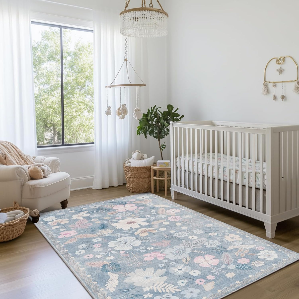 Blue Area Rugs for Living Room 4x6 Washable Low Pile Non Slip Stain Resistant Vintage Euro Floral Soft Faux Fur Carpet Rug for Living Room Bedroom Patio Dining Room Home Office Nursery Kids Room