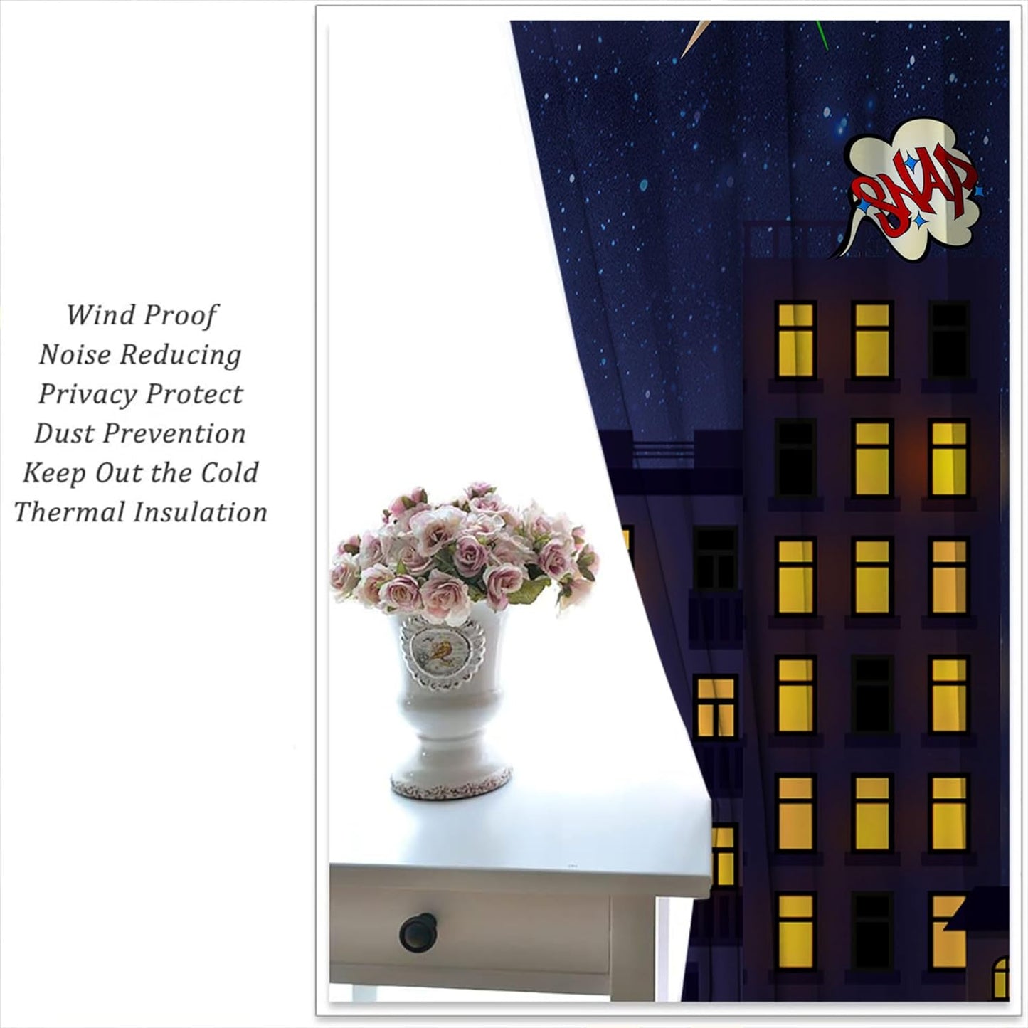Super Hero Rod Pocket Blackout Curtains for Boy Girl Bedroom, Exploding City Starry Cartoon Skyline Thermal Insulated Home Window Drapes for Living Room Darkening, 55x63 inch