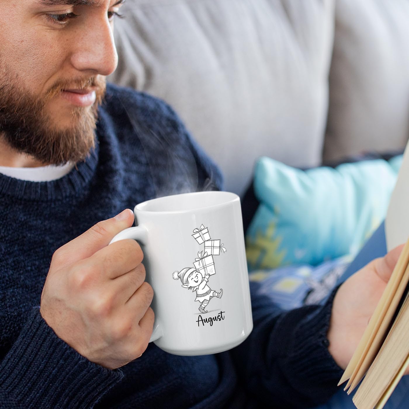 Elf With Box Coffee Mug Gift For Men Boy Grandson Christmas, Personalized Name Kids Accent Teacup, Customized Elf Travel Coffee Cup Gift For Nephew on Birthday Christmas, Elves White Mug 11 Oz 15 Oz