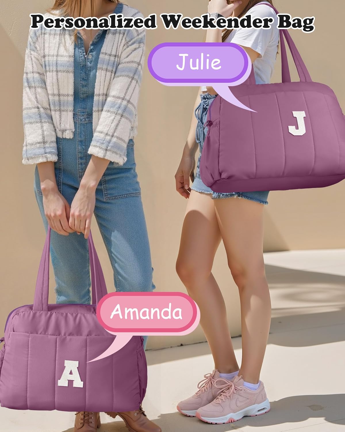 Duffle Bag with Initial, Spend The Night Bags for Women，Gifts for Women-Overnight Bag with Wet Pocket，Lightweight Travel Bags Personalized Gym Tote with Makeup Pouch