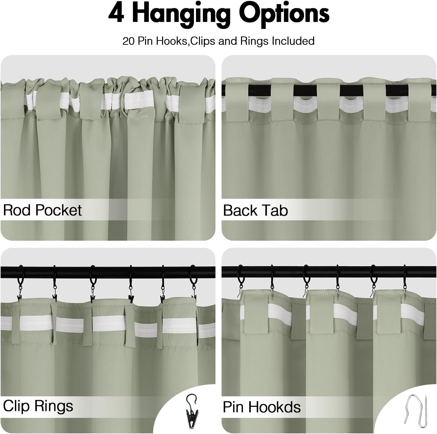 ANRODUO Sage Green Room Darkening Curtains 63 Inches Long Thermal Insulated Window Treatment Panels Back Tab Rod Pocket Blackout Green Curtains for Bedroom Living Room
