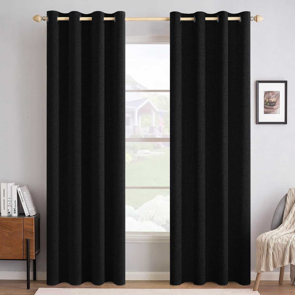 MIULEE Linen Texture Curtains for Bedroom Solid 100% Blackout Thermal Insulated Halloween Black Curtains Grommet Room Darkening Drapes for Living Room Nursery 52x96 Inch (2 Panels)