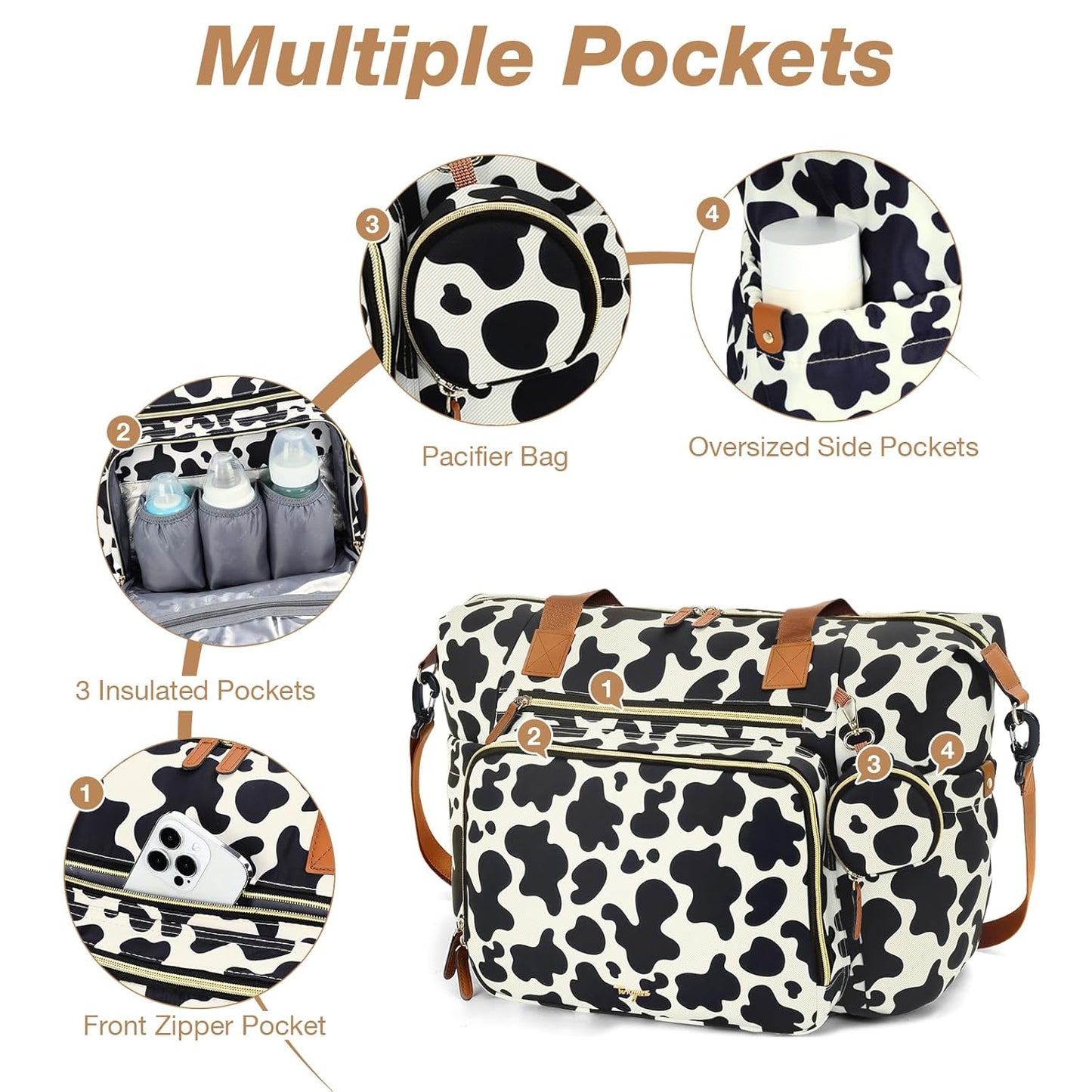 Diaper Bag Tote, Large Baby Diaper Bags for Travel, Hospital Bag for Labor Delivery with Pacifier Case, Changing Pad, Shoulder Strap, Cow Print
