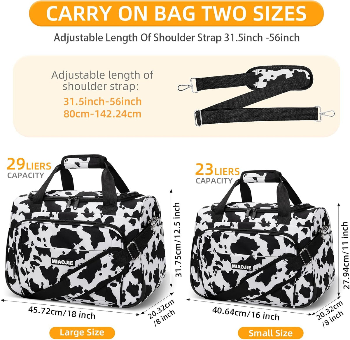 Underseat Carry On Luggage Lightweight Travel Tote Weekender Bag Overnight Duffle Bag for Travel, Travel Essentials Personal Item Travel Bag for Women and Men, Cow Pattern-16Inch