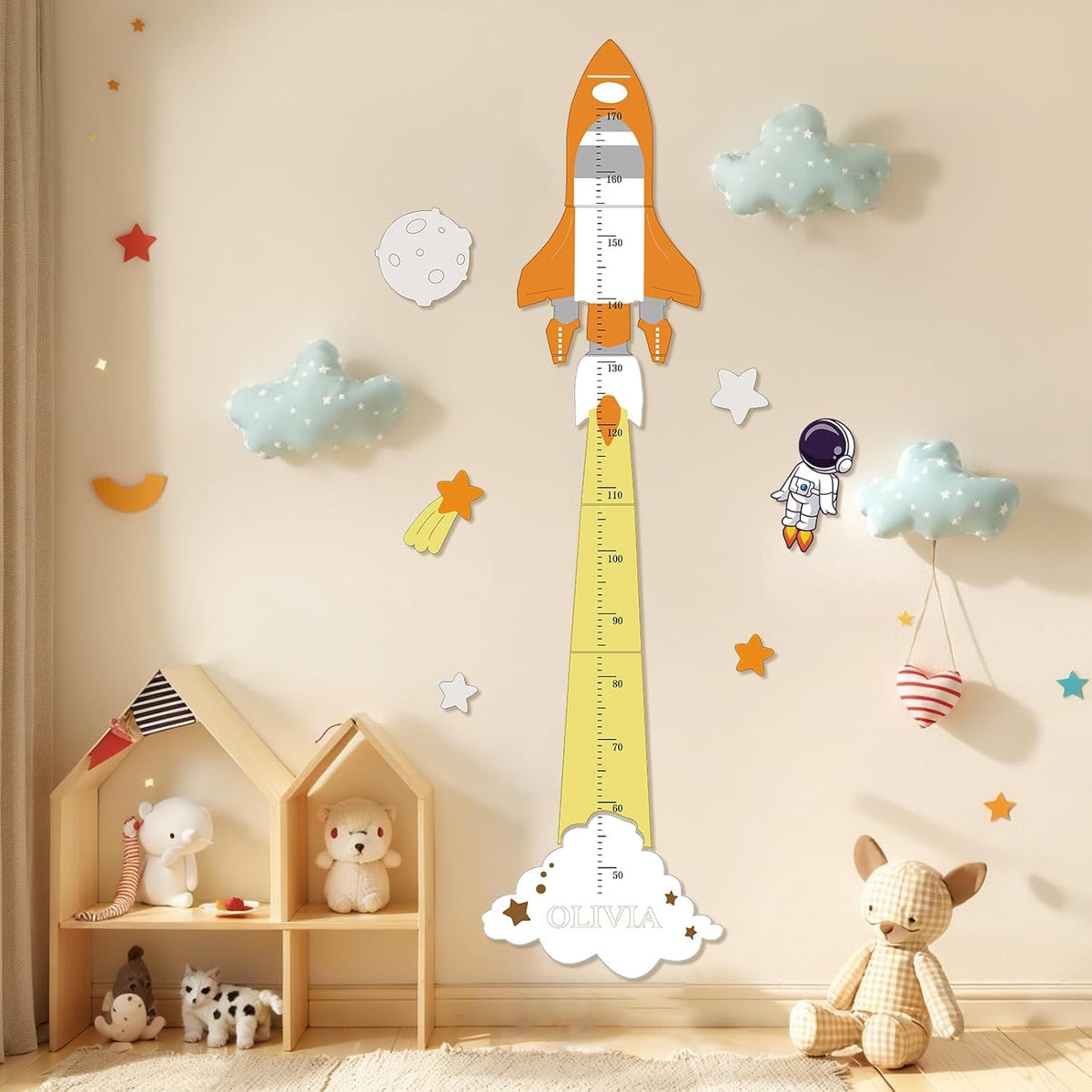 Personalized Name Height Chart for Kids, Cute Rocket Wooden Growth Chart for Kids, Wall Height Chart for Children, Cute Wall Ruler for Kids, Track Height Measurement, Easy to Install
