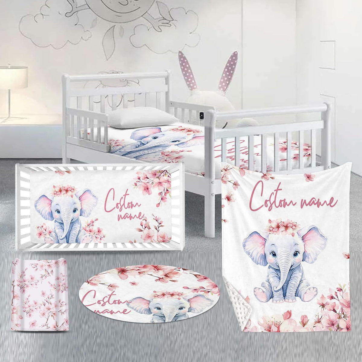 Custom Nursery Crib Bedding Set: 4 Piece Pink Flower Elephant Pattern Baby Crib Sets for Girls with Personalized Name - Toddler Double Layer Blanket Set, Comfortable Crib Bed Sheets for Baby Toddlers