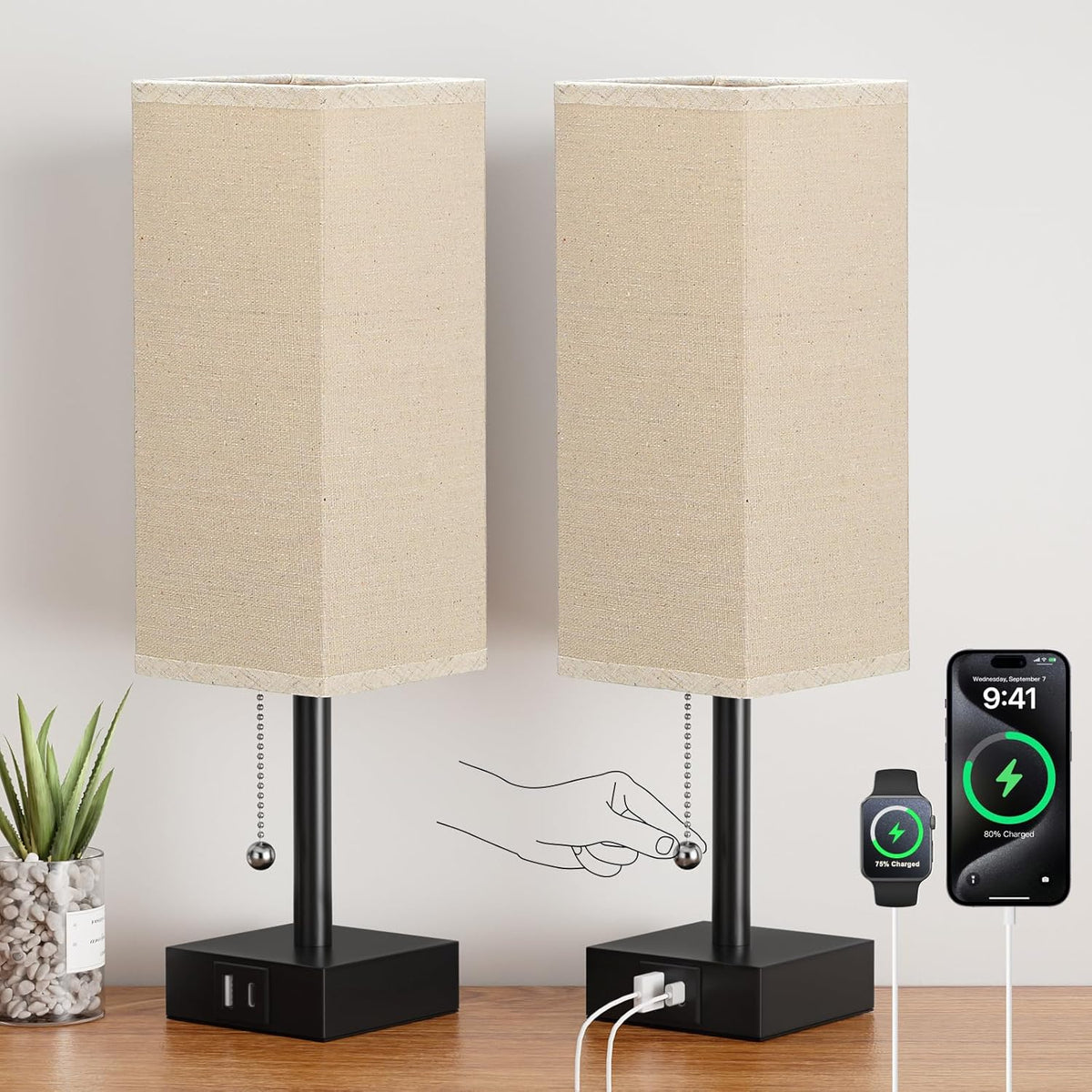 Beige Bedside Table Lamps Set of 2 - Square Bedroom Lamps with 3 Color Temperatures (3000K/5000K/4000K), Nightstand Lamps with USB C + A Charging Ports, Pull Chain Small Night Light for End Table