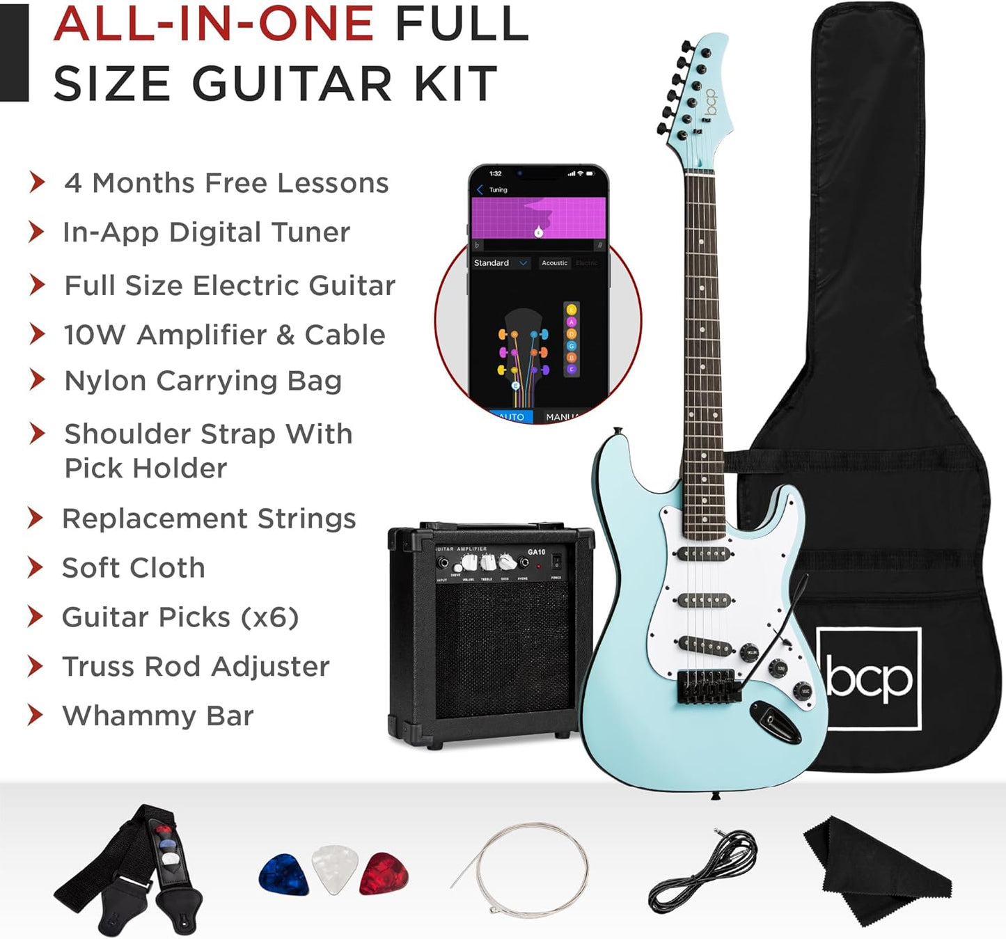 Best Choice Products 39in Full Size Beginner Electric Guitar Starter Kit w/Case, Strap, 11W Amp, Strings, Pick, Tremolo Bar - Powder Blue