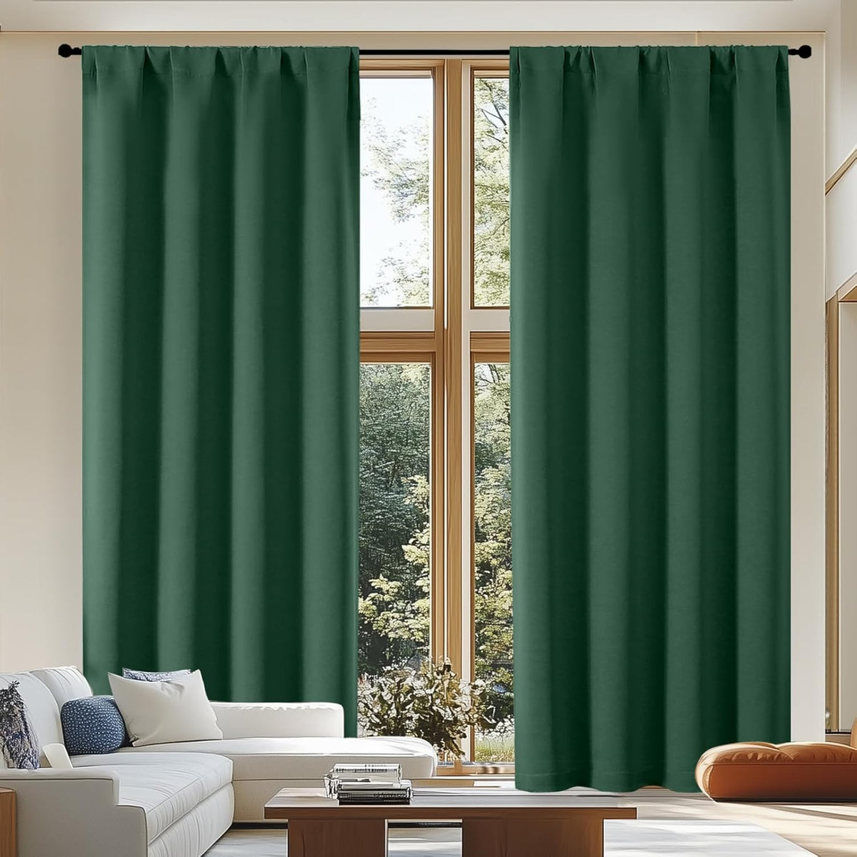 Simplebrand Ava Blackout Curtains for Patio 108 Inches Long 2 Panels Set, Solid Thermal Insulated Room Darkening Rod Pocket Window Treatment Curtains Blackout Drapes, W50 x L108 Inch, Ever Green
