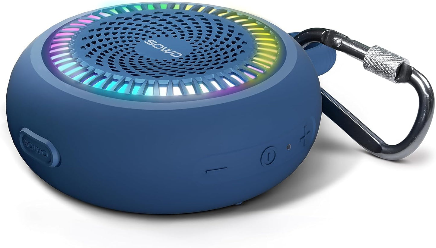 SOWO Shower Bluetooth Speaker Waterproof - Small Portable Wireless Clip Speaker with Louder Volume and Powerful Bass - Colorful Lights and 10H Playtime - Lightweight for Camping,Kayak,Boat - Blue