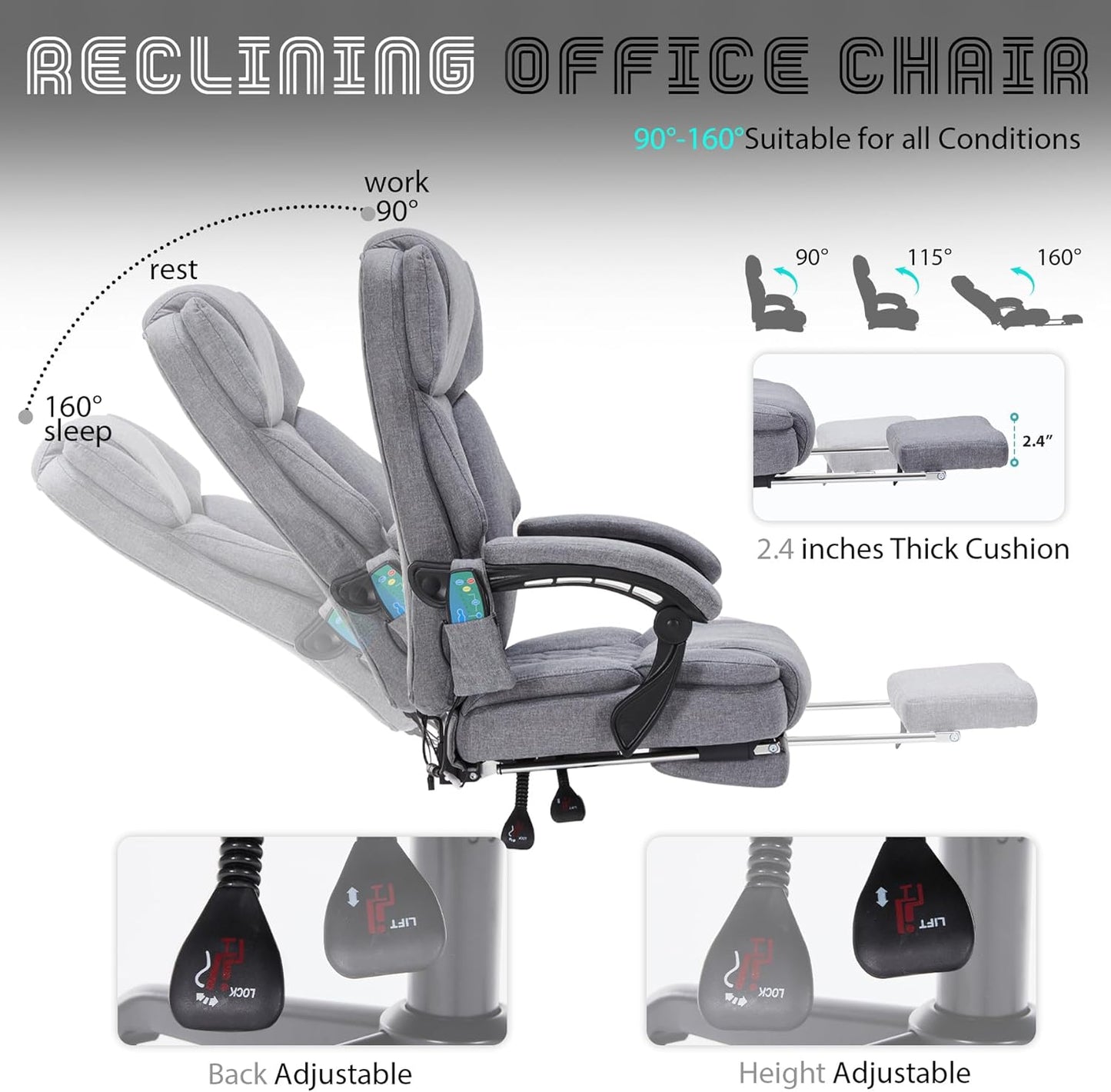Massage Office Chair with Heat,Reclining Office Chair with Foot Rest,6 Points Vibration Home Desk Chairs for Heavy People 400lbs,Ergonomic Managerial Executive Chair (Grey)