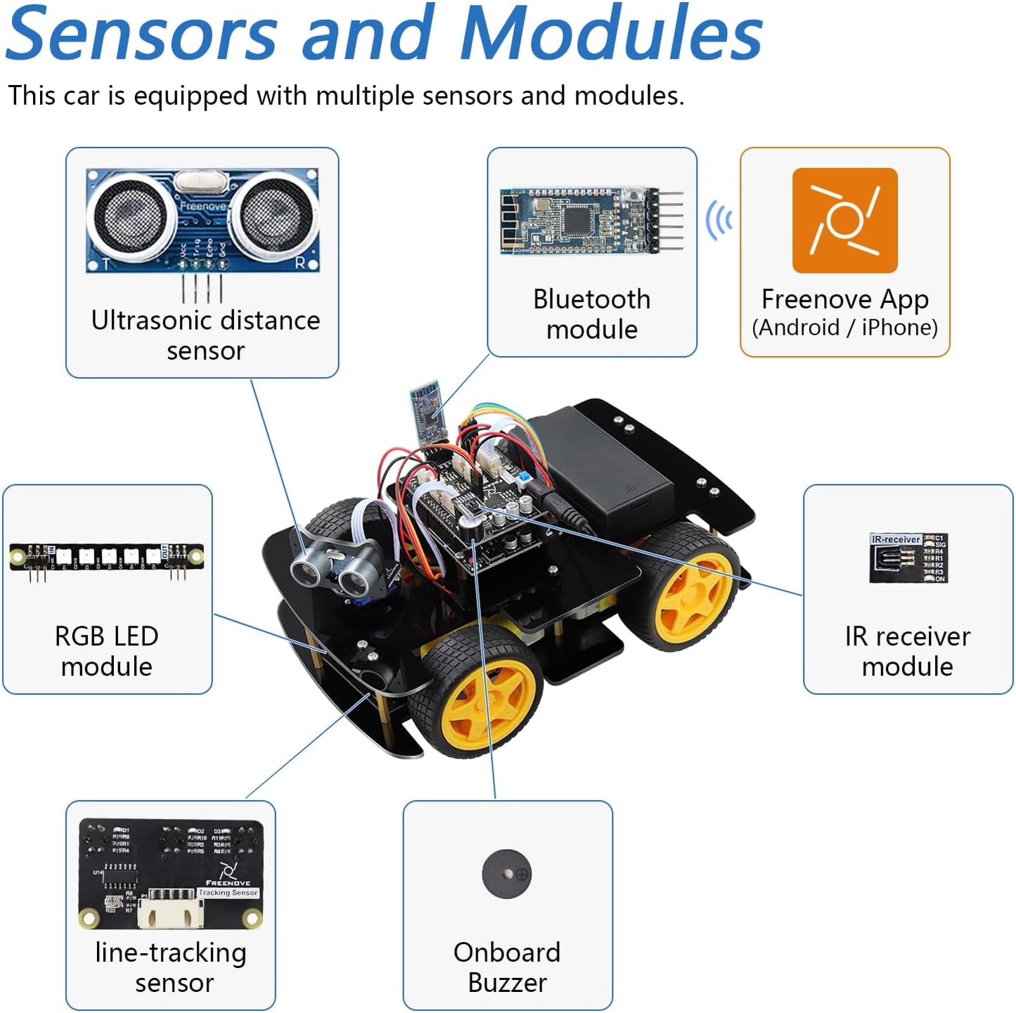 Freenove 4WD Car Kit (Compatible with Arduino IDE), Line Tracking, Obstacle Avoidance, Wireless Control App, Ultrasonic Sensor Motor Servo
