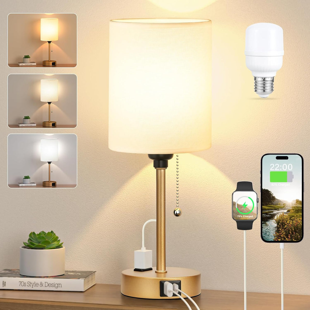 Dicoool Small Bedside Lamps 3 Color Modes - 2700K 3500K 5000K Bedroom Lamps with USB C and A Ports, Pull Chain Gold Table Lamps with AC Outlet, Nightstand Lamps with Gold Metal Base for Kids Reading