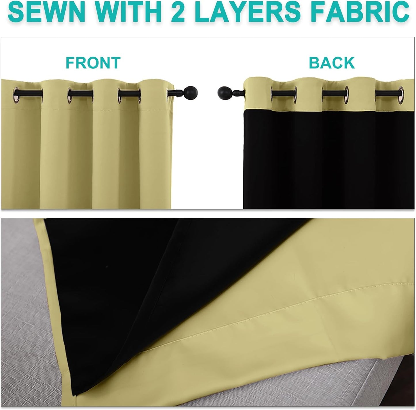 NICETOWN 100% Blackout Curtains with Black Liners, Thermal Insulated Full Blackout 2-Layer Lined Drapes, Energy Efficiency Window Draperies for Bedroom (Paler Yellow, 2 Panels, 55-inch W by 68-inch L)