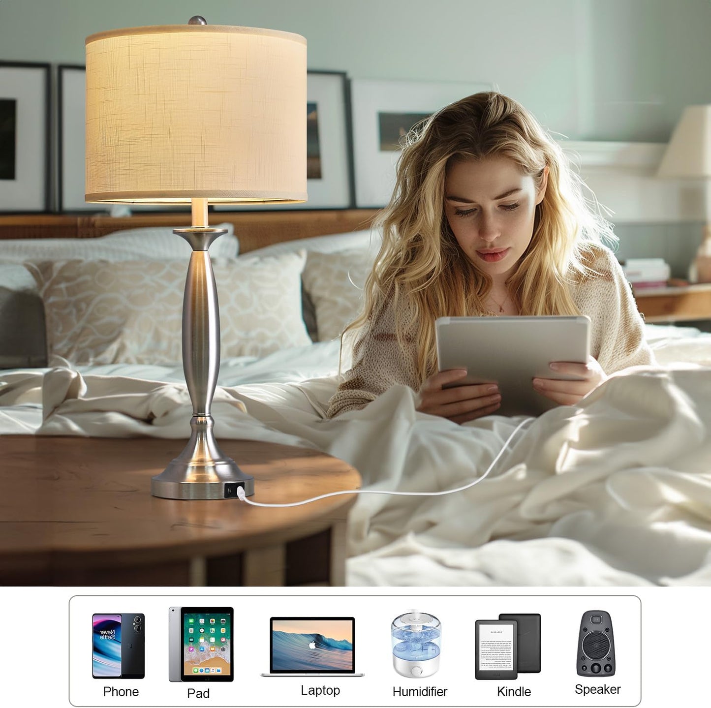 Oneach 27" Modern Table Lamps Set of 2 for Living Room Bedroom with USB A+ C Charging Port,Brushed Steel Bedside Lamps for Night Stands,Fabric Drum Shade Nightstand Lamp Light for End Tables Home