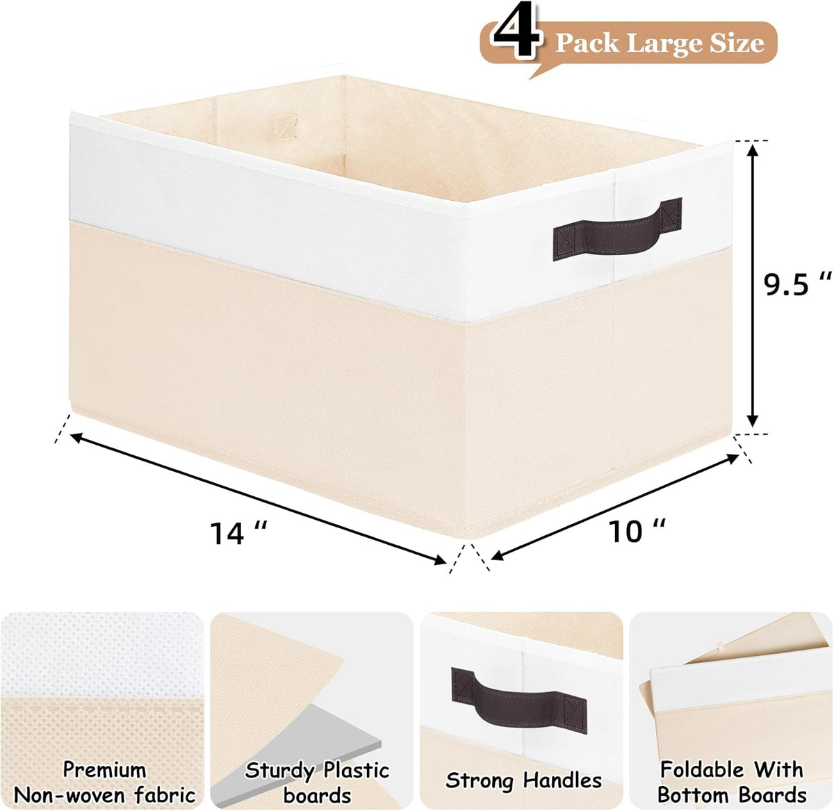 Criusia 4 Pack Baby Clothes Organizer Bins, Fabric Collapsible Storage Baskets with Handles, Odorless Storage Bins for Toy Clothes Nursery Kids Room Playroom Classroom (14L*10W*9.5H)