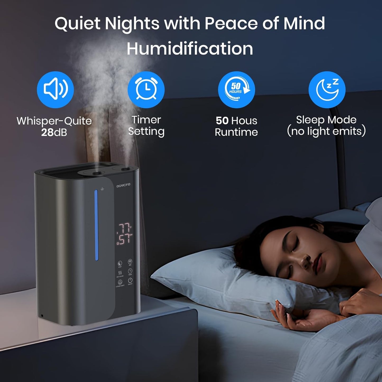 5L Smart Air Humidifiers for Bedroom with Essential Oils, Top Fill 50H Runtime Cool Mist Large Humidifiers for Home Bedroom Nursery, 28 dB Quiet Humidifier for Baby & Plants