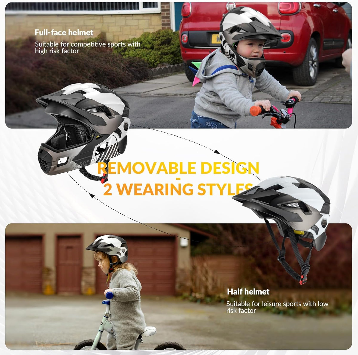 ROCKBROS Kids Bike Helmet Adjustable Detachable Full Face Bike Helmet for Children Bicycle, Skateboard, Scooter, Protective Gear