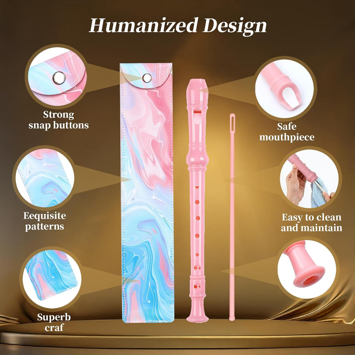 Soprano Recorder for Kids Beginners, German Fingering, C Key, 3 Piece with Cleaning Rod, Bag, Fingering Chart (Pink)…