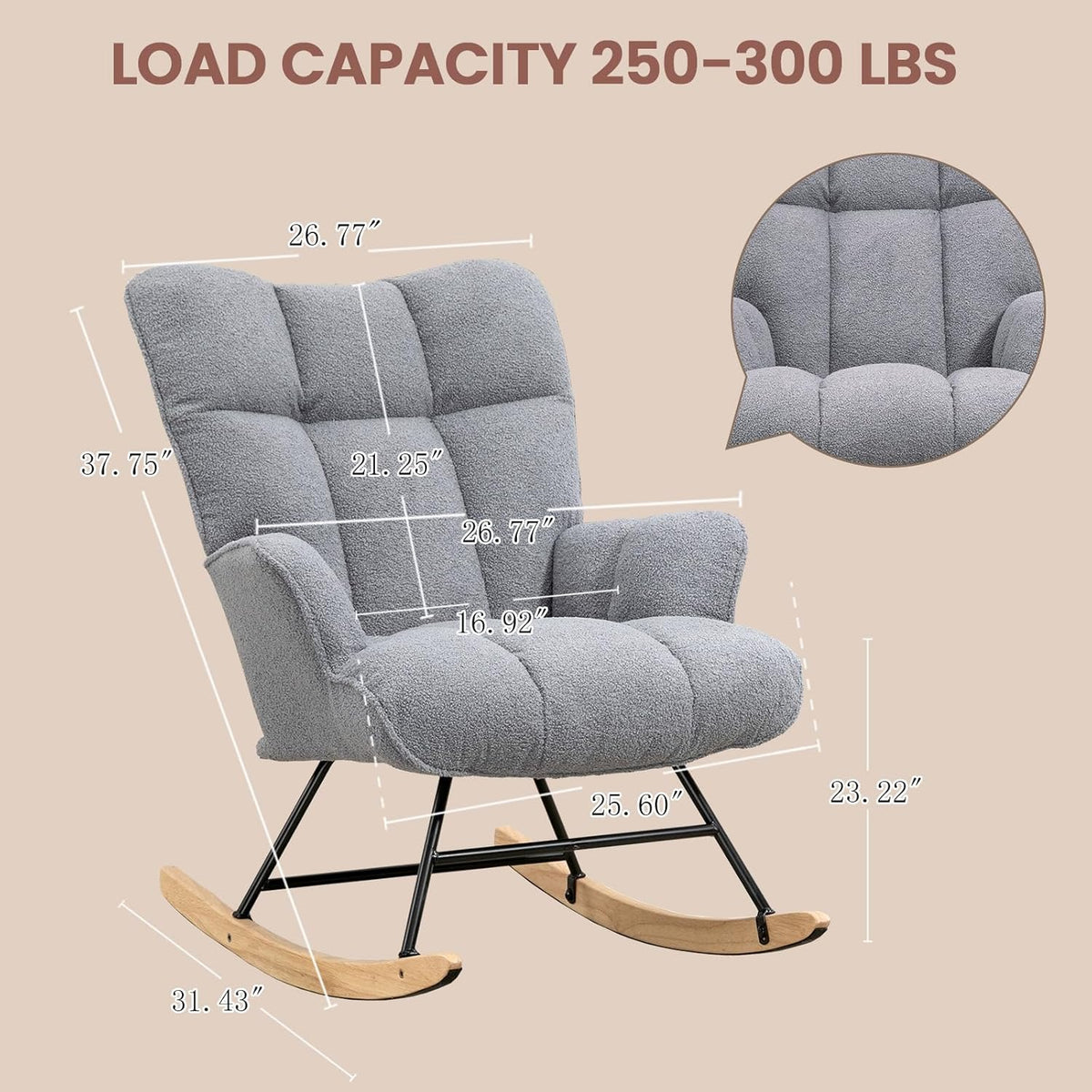 Rocking Chair Nursery Teddy Upholstered Glider Rocker Rocking Accent Chair Padded Seat with High Backrest Armchair Comfy Side Chair for Living Room Bedroom Offices (Darkgrey Teddy)