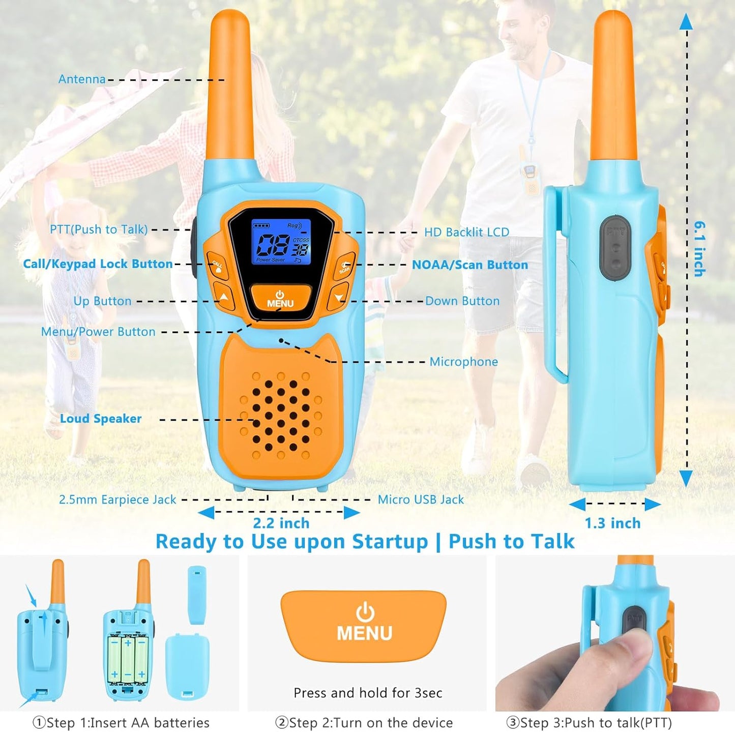 Walkie Talkies for Kids Rechargeable Walkie-Talkie for Adults Long Range FRS 2 Way Radio 3 Pack with Lanyard Battery 4 Miles NOAA USB, Family Toys for 3-12 Year Old Girls Boys Toddlers Camping