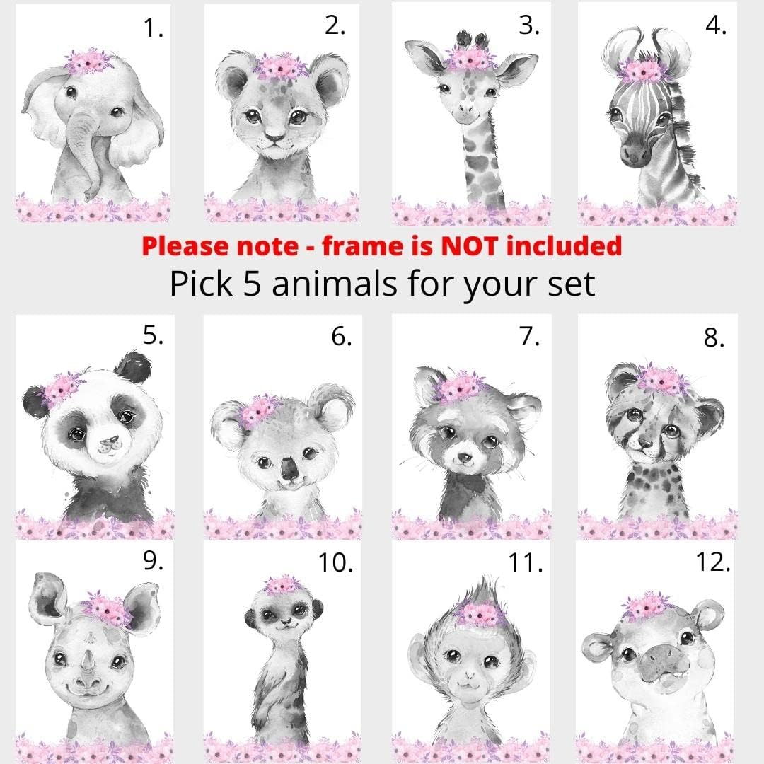 Personalized Safari Animals for Baby Girls Nursery Bedroom Unframed Set of 6 Poster Prints, Personalized Name Pink Purple Flowers Wall Art Decor New Baby Gift Present, Elephant Giraffe Panda Zebra Lion (12x16)