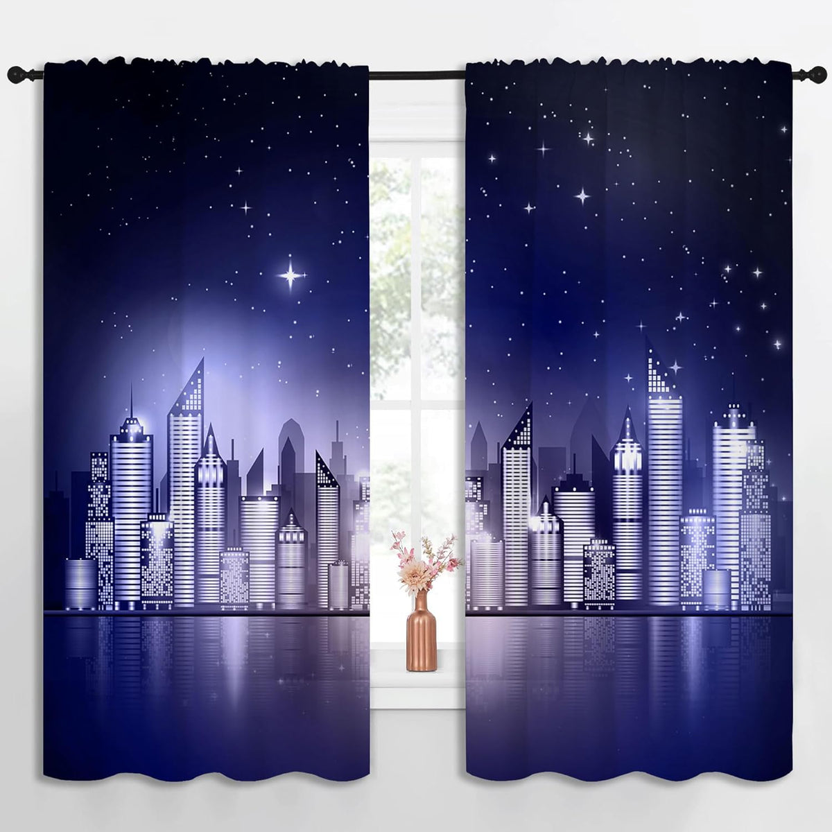 City Rod Pocket Blackout Curtains for Boy Girl Bedroom, New York Skyline Modern City Starry Sky Night View Home Energy Efficient Light Filtering Window Curtain for Living Room, 63x63 inch