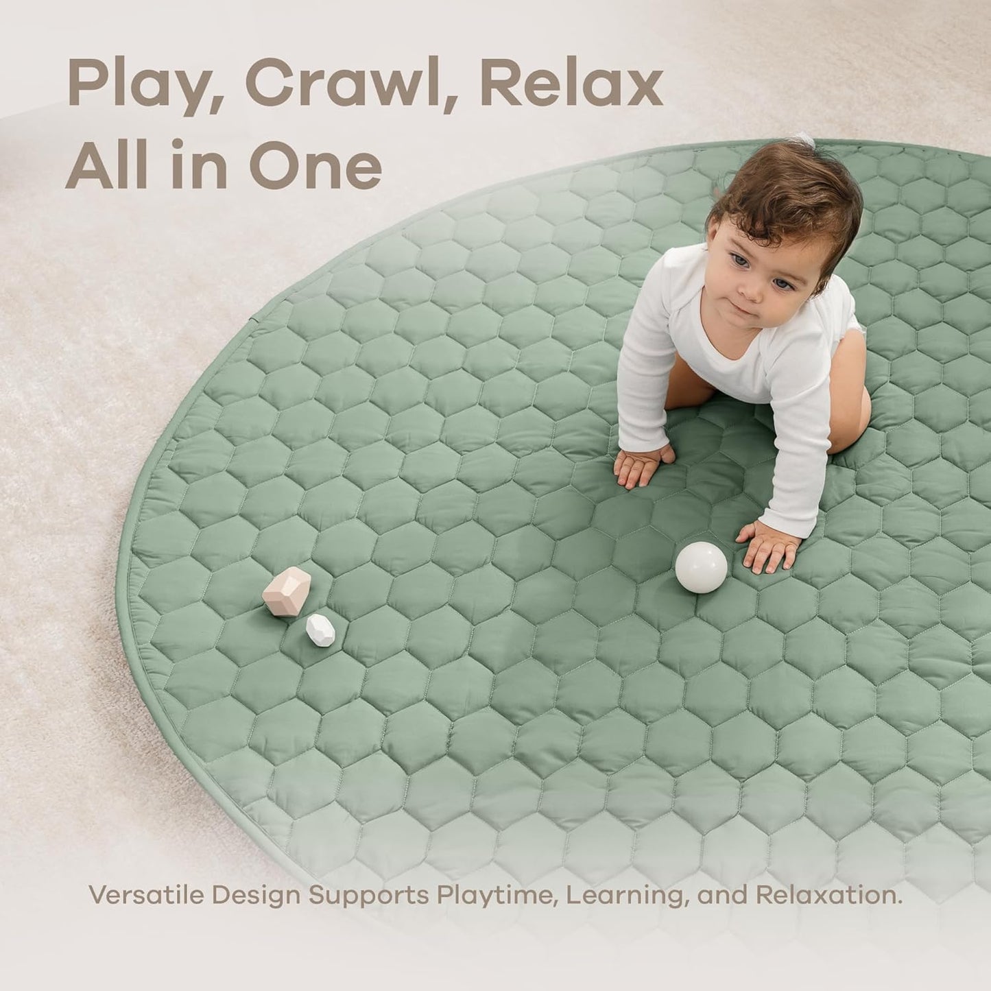 Comfy Cubs Round Kids Play Mat - Large 60 inches Soft Quilted Baby Floor Mat with Non-Slip Bottom - Plush Design for Toddlers' Playtime and Relaxation - Comfortable and Durable - Fern