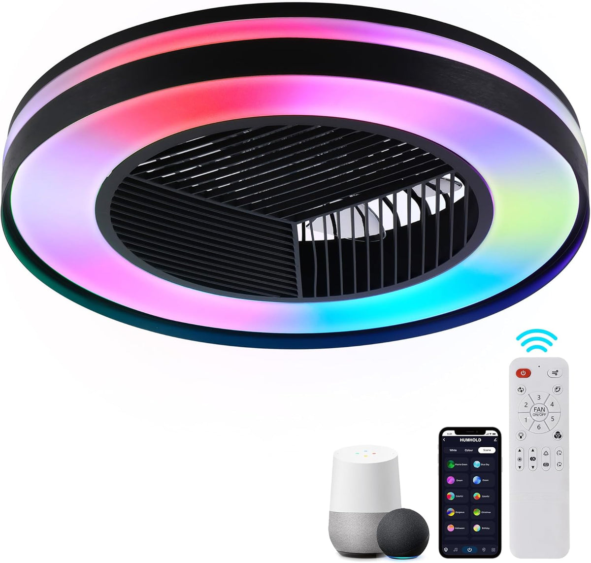 Smart Low Profle Ceiling Fans with RGB Lights Remote/APP/Voice Control, 20" Bladeless Ceiling Fans with 6 Speeds, Timer, Quiet DC Motor, Ceiling Fan with Light for Kids Bedroom/Living Room