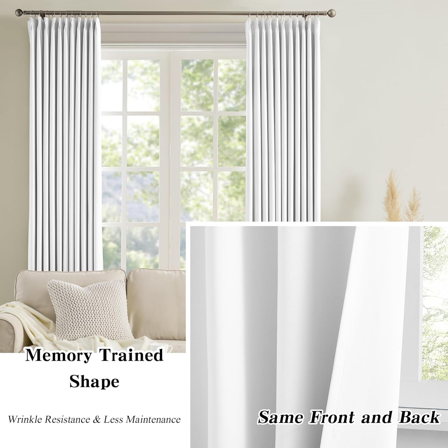 KEQIAOSUOCAI Custom Pleat Curtains & Drapes 100 Inches Long, Thermal Insulated Cabin Accordion Style Vertical Memory Shape Pleat Draft for Living Room 40 x 100-inch,White