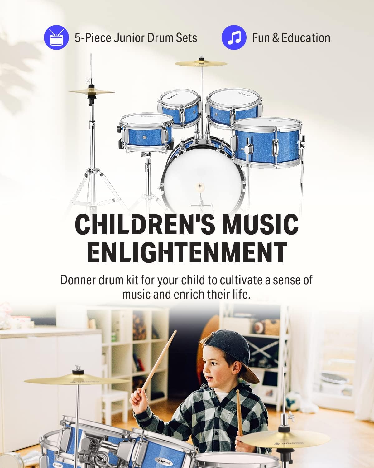 Kids Drum Sets-Donner 5-Piece for Beginners,14 inch Junior Drum Kit, with Adjustable Throne, Cymbal, Hi-Hat, Pedal & Drumstick, Present for Child-Blue